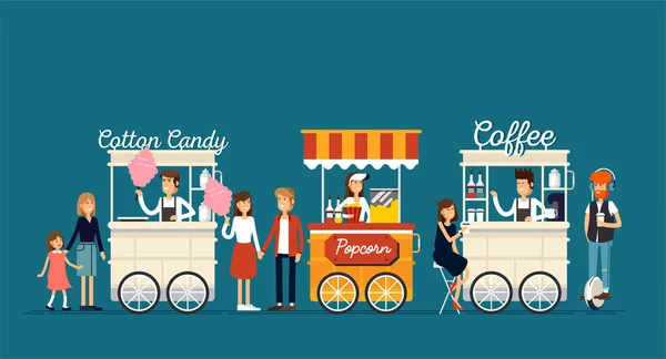 Carrinho de café rua vector detalhado criativo, pipoca e algodão doce loja com vendedores. Jovens compram comida de rua ou junk food em evento de festival de comida . — Vetor de Stock