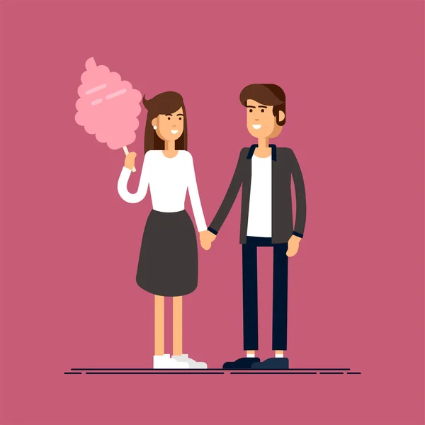 Ilustración vectorial detallada creativa de pareja encantadora de pie y cogidos de la mano. Una chica sostiene un dulce algodón de azúcar. Relación de amor . — Vector de stock