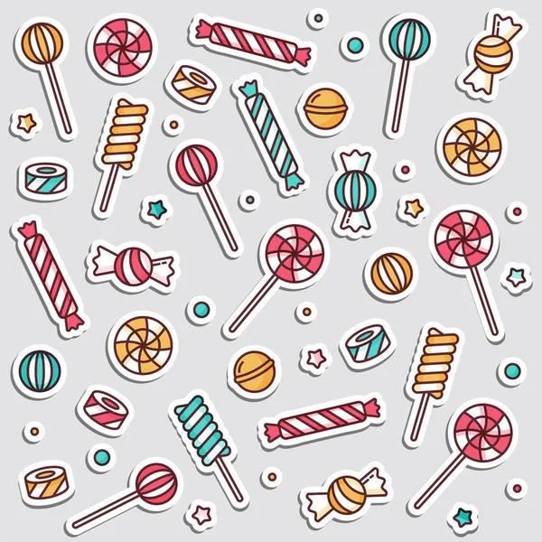 Candy conjunto pirulitos lineares com polvilhas, espiral e caramelo colorido doces ilustração vetorial. Emblemas de patches. Vector adesivos, pinos para loja de doces . —  Vetores de Stock