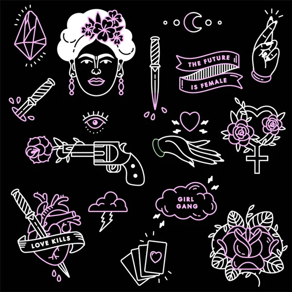 Frauenpower. icon set modesymbol mit porträt von frida kahlo, diamant, rosen und feminine symbole. Vektor Doodle Illustration. Feminismus-Slogan. Vektormuster. Frauenrecht. — Stockvektor