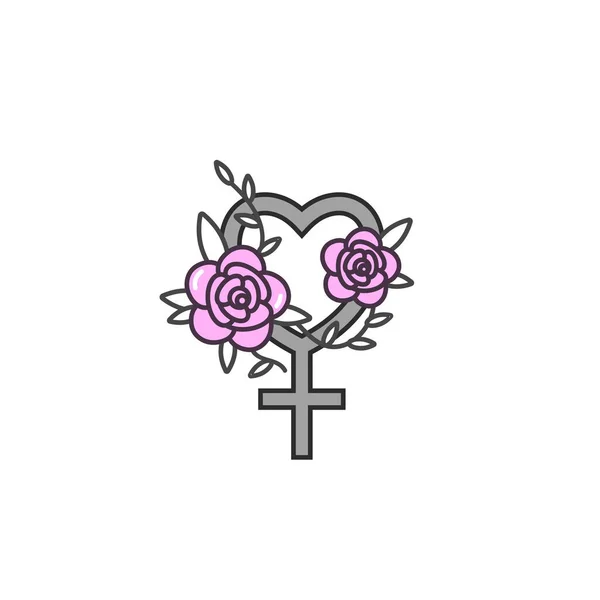Vector illustration female icon, lady symbol with roses in linear design on white background. Girl power. Feminist movement . — 스톡 벡터