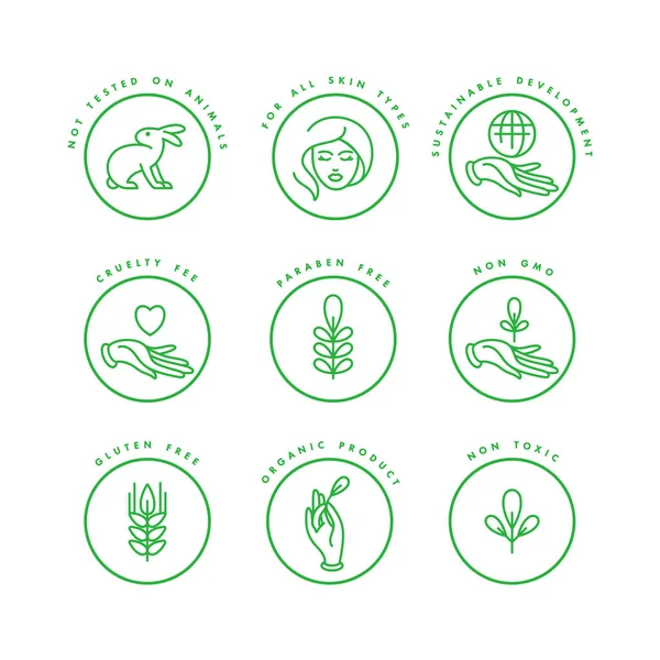 Vektor uppsättning logotyper, märken och ikoner för naturliga och ekologiska produkter. Miljösäker skyltdesign. Insamlingssymbol för hälsosamma produkter. — Stock vektor