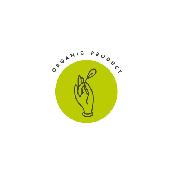 Logo, insignia e icono vectorial para productos naturales y orgánicos. La mano femenina sostiene una hoja. Símbolo del producto saludable . — Vector de stock