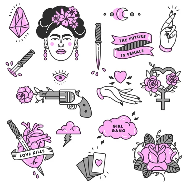Meisjes macht citaat. Ikoon set modesymbool met portret van Frida Kahlo, diamant, rozen en vrouwelijke symbolen. Vector doodle illustratie. Feminisme slogan. Vectorpatroon. Vrouw gelijk.. — Stockvector