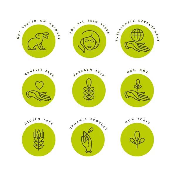 Conjunto vectorial de logotipos, insignias e iconos para productos naturales y orgánicos. Eco diseño de señal segura. Símbolo de colección de productos saludables . — Archivo Imágenes Vectoriales