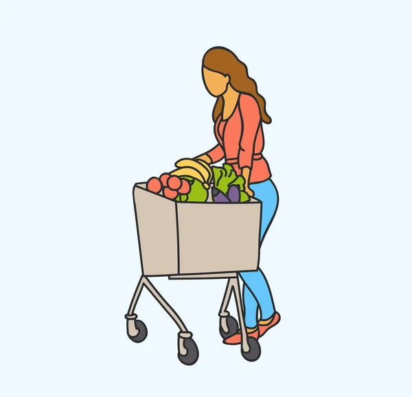 Ilustración vectorial mujer feliz de compras con carrito de la compra de alimentos en la tienda de comestibles o supermercado. Vector establecido en un estilo plano. Personaje de dibujos animados . — Vector de stock