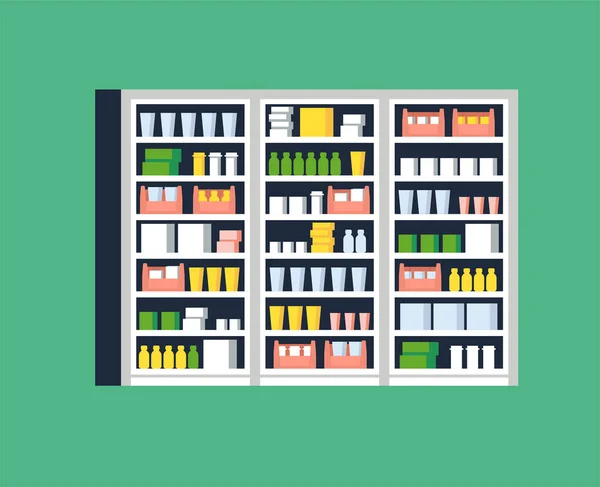 Векторная иллюстрация современного дизайна аптеки или аптеки. витрина и полки с лекарствами, таблетками и капсулами . — стоковый вектор