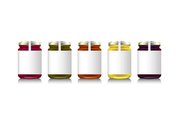 ジャム、設定または蜂蜜とガラス瓶。ベクトルイラストパッケージコレクション。ジャムのラベル。現実的な銀行だデザインラベルやバッジ付きのジャム瓶をモックする. — ストックベクタ