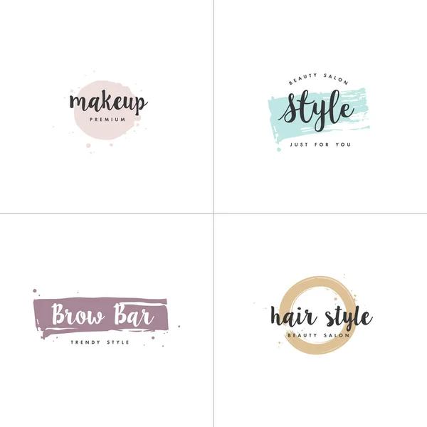 Vector set emblemen, badges en logo design sjablonen voor beauty shops, manicure, cosmetologie en make-up met ronde vlekken en penseelstreek. Vectorbeelden