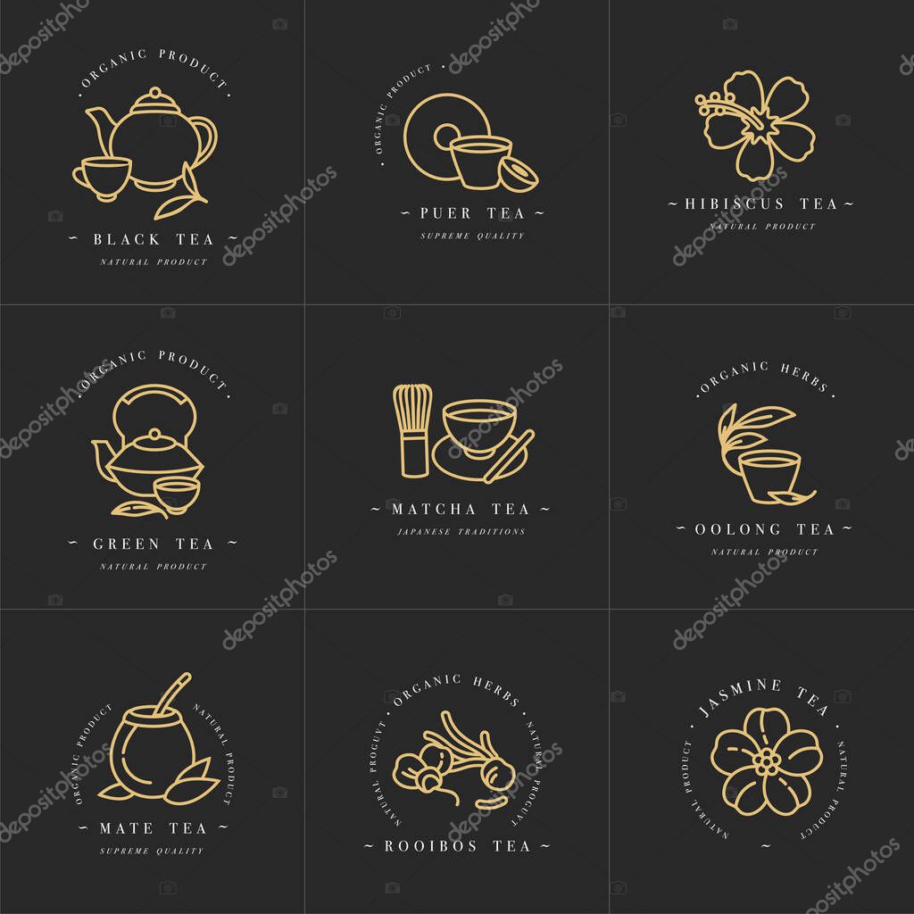 Vector set design golden templates logo and emblems - organic herbs and teas . Different teas icon. Logos in trendy linear style isolated on white background