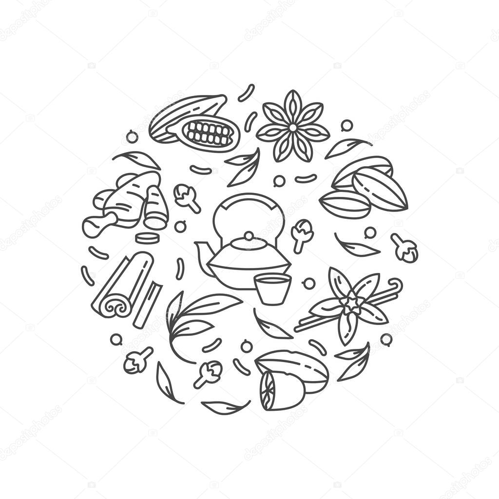 Vector set design monochrome templates icon and emblems - organic herbs and different spices. Masala teas icons composition. Symbol in trendy linear style isolated on white background.