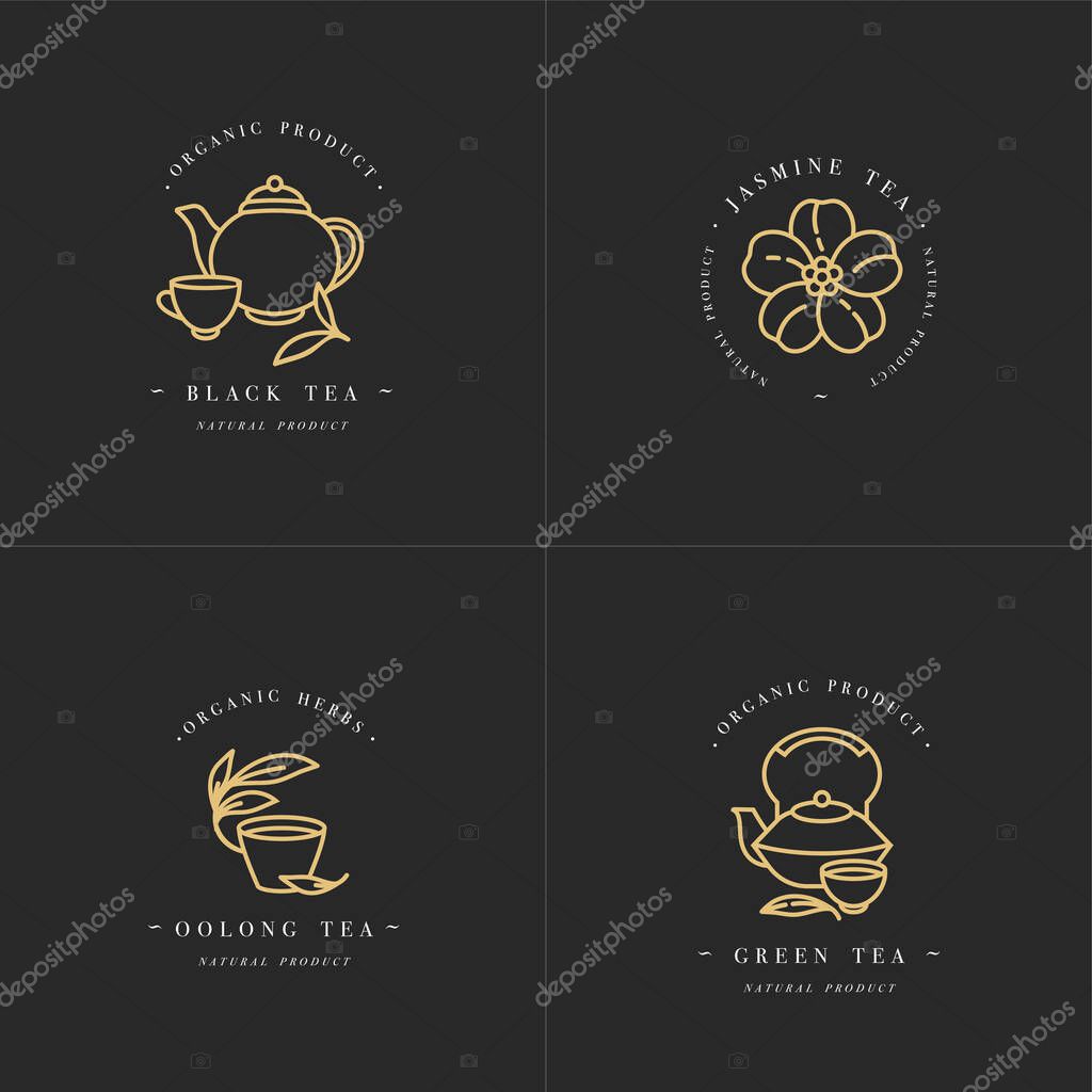 Vector set design golden templates logo and emblems - organic herbs and teas . Different teas icon- jasmine, black, green and oolong . Logos in trendy linear style isolated on white background
