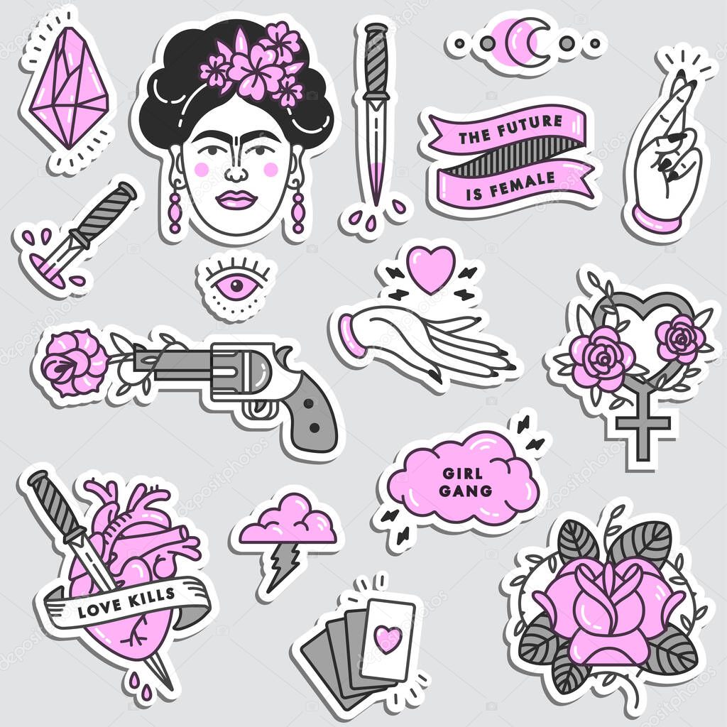 Girl power quote. Icon set fashion symbol with portrait of Frida Kahlo, diamond, roses and feminine symbols. Patch badges. Vector stickers, pins. Feminism slogan. Woman right.