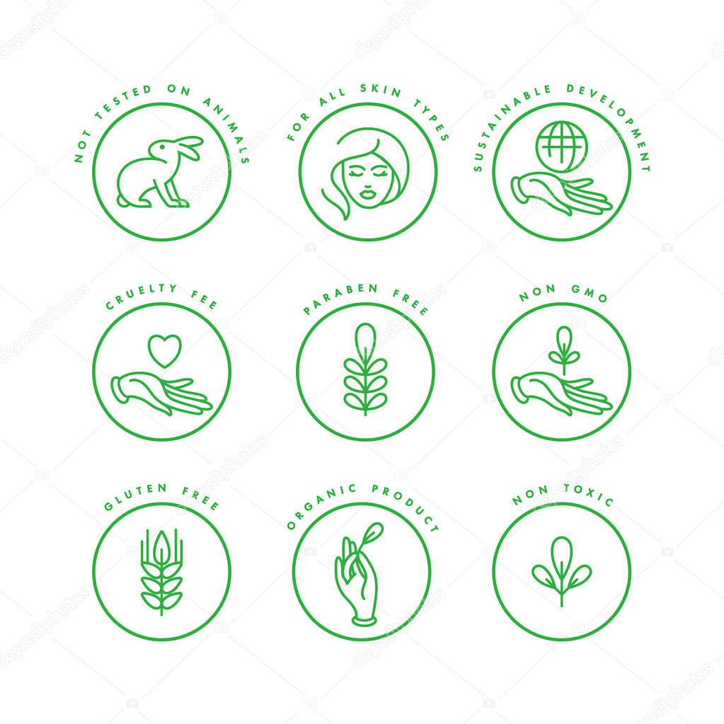 Vector set of logos, badges and icons for natural and organic products. Eco safe sign design. Collection symbol of healthy products