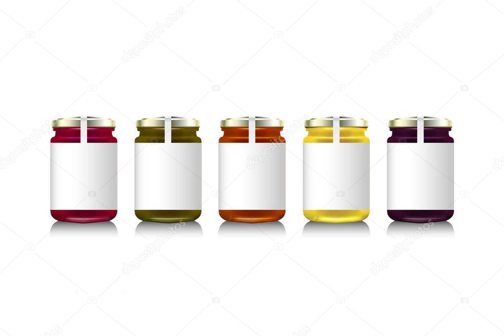 Glass jars with with jam, configure or honey. Vector illustration. Packaging collection. Label for jam. Bank realistic. Mock up jam jars with design labels or badges.
