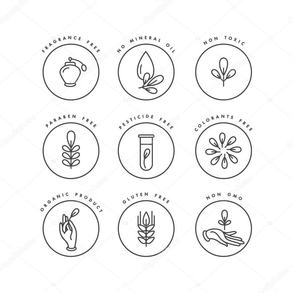 set of logos, badges and icons for natural and organic products. Eco safe sign design. Collection symbol of healthy products
