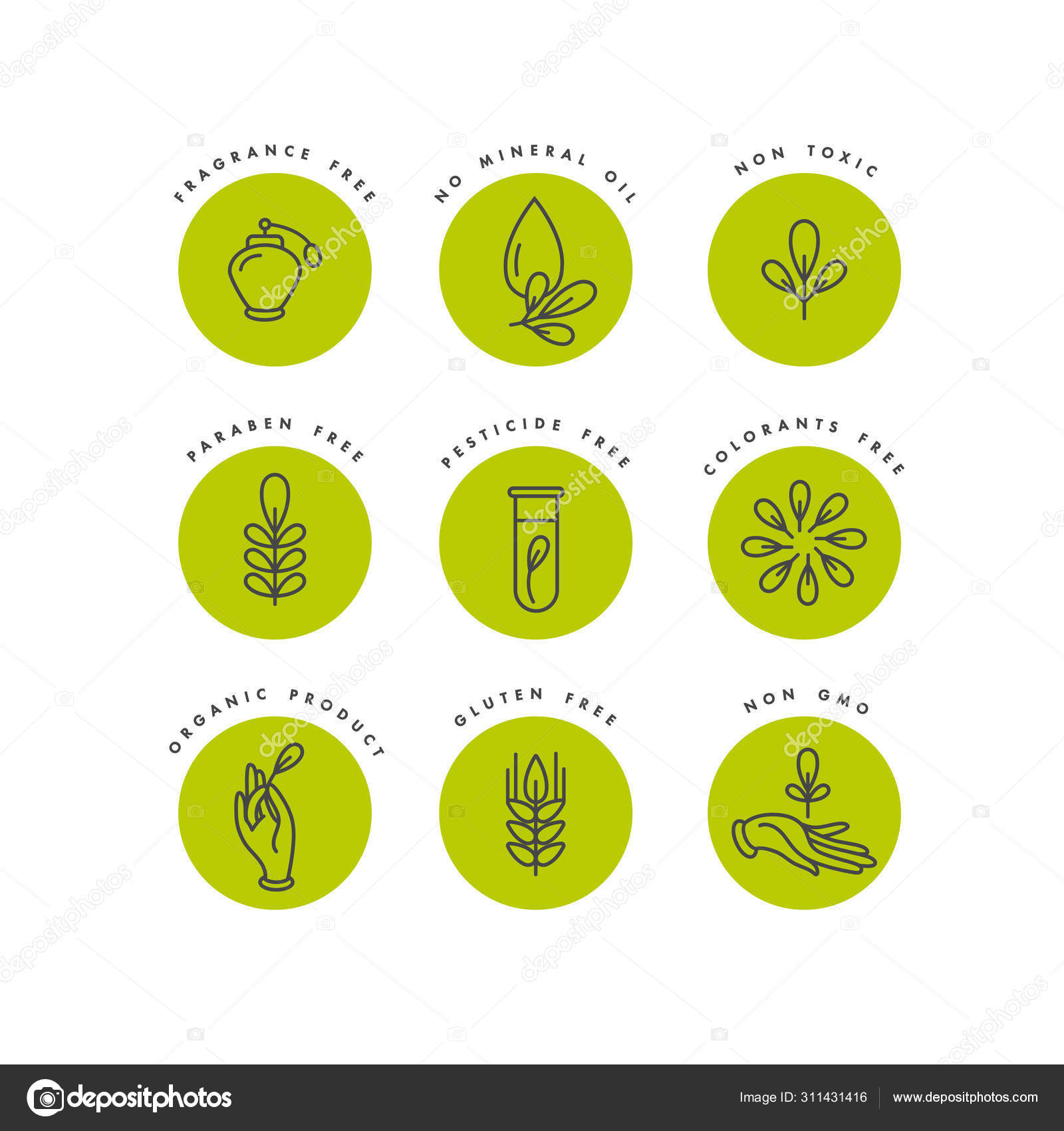 Vector set of logos, badges and icons for natural and organic products. Eco safe sign Collection symbol of healthy products. Stock Vector by ©oxygen_8 #311431416