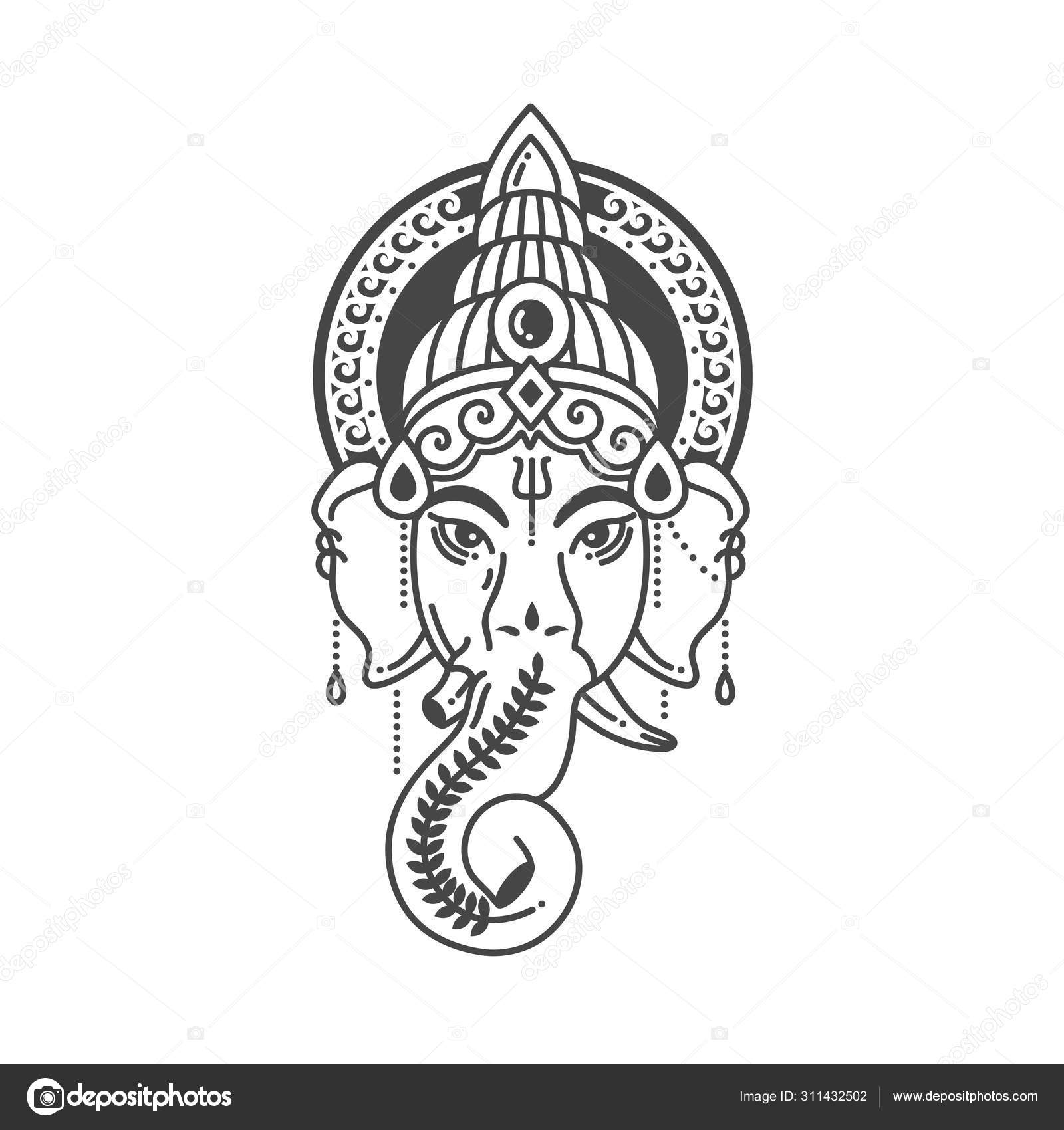 Ilustração linear vetorial do deus indiano religião símbolo elefante Ganesh  no fundo branco . Vetor de stock de ©oxygen_8 311432502, image size:1600x1700