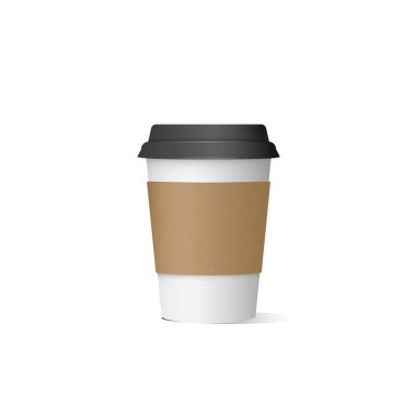 Tasarım etiketli gerçekçi beyaz kahve fincanlarının vektör çizimi. Ayar seti beyaz arkaplanda izole edildi.