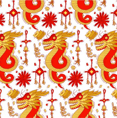 Geleneksel ejderha ve Çin Yeni Yılı elementleriyle renklendirici desen. Parlak Çin Yeni Yıl geçmişi.