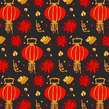 Vektör renkli desen ile geleneksel öğeleri, Çin yeni yılı. Parlak Çin yeni yılı arka plan..