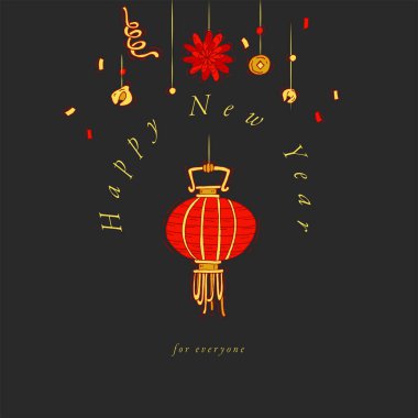 Vektör ele Çin yeni yıl tebrik kartı renkli renk için tasarım çekin. Tipografi ve Xmas arka plan, afiş veya afiş ve diğer printables simgesi. Geleneksel tatil dekorasyon öğeleri.