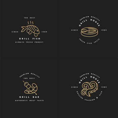 Izgara evi için altın logo dizaynı ve şablonlar. Balık eti amblemi ya da biftek rozeti, ahtapot. karides.