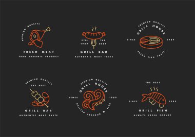 Kırmızı logoları ve ızgara evi için şablonları olan altın bir vektör seti. Et amblemi, biftek rozeti, sosis. balık ve diğer et türleri.
