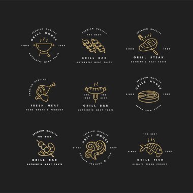 Izgara evi için altın logo dizaynı ve şablonlar. Et amblemi, biftek rozeti, sosis. balık ve diğer et türleri.
