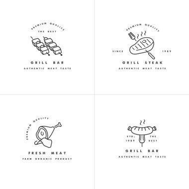 Kırmızı logoları ve ızgara evi için şablonları olan altın bir vektör seti. Et amblemleri veya et, sosis ve diğer et türleri..