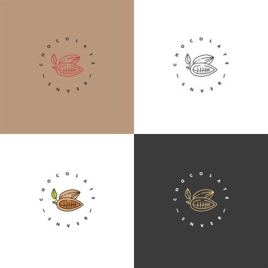 Kakao çekirdeği logolarının çizimleri. Doğrusal biçim simgeleri. Çikolatalı kakao çekirdeği..