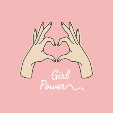Vector linear illustration of female hands show heart silhouette. Heart shape. Concept illustration of girl power and woman motivational slogan. clipart