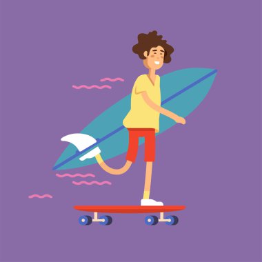 Kaykay süren ve elinde sörf tahtası tutan bir kaykaycının vektör çizimi..