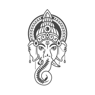 Vector linear illustration of indian god religion symbol elephant Ganesh on white background. clipart