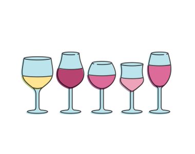 Beyaz arkaplanda izole edilmiş farklı şarap kadehlerinin vektör doğrusal çizimi.