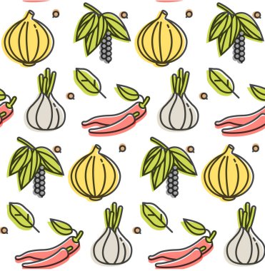 Bitki ve baharatlı taşıyıcı desen. Farklı baharatlar ve malzeme ikonları. Soyut arkaplan yineleniyor.