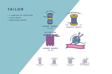 El yapımı altın çizgi logolar ayarlayın. El yapımı doğrusal rozetleri veya el yapımı anahat etiketleri. Triko ve dikiş simgeler. Vektör çizim.