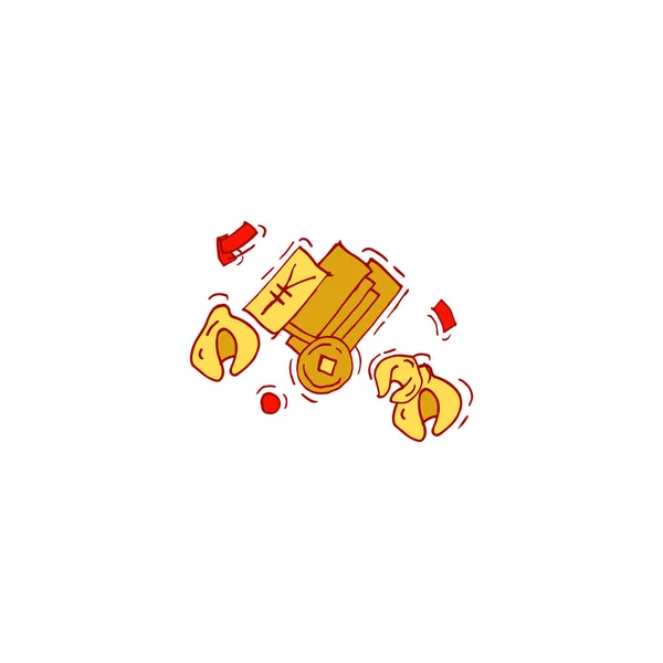 Rode tas en Chinese gouden munt grafische vector. Chinees en rijk symbool. — Stockvector