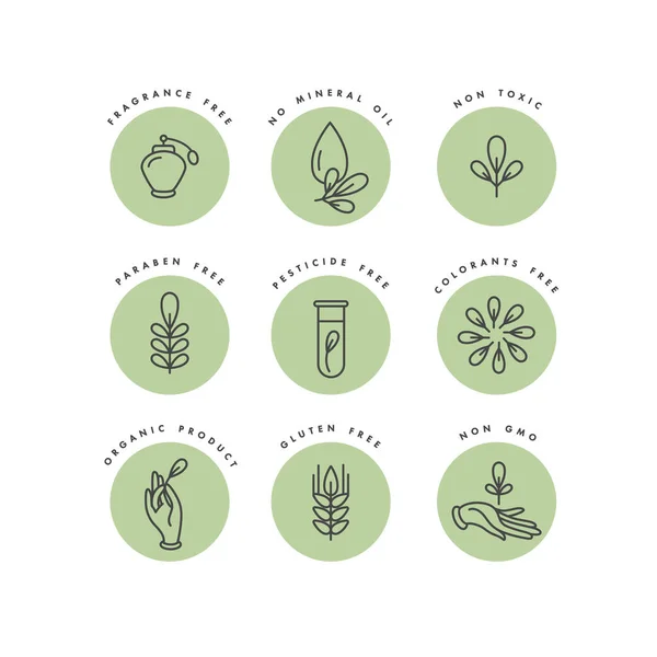 Vektor-Set von Logos, Abzeichen und Symbolen für natürliche und biologische Produkte. umweltfreundliches Schilderdesign. Sammelsymbol für gesunde Produkte. — Stockvektor