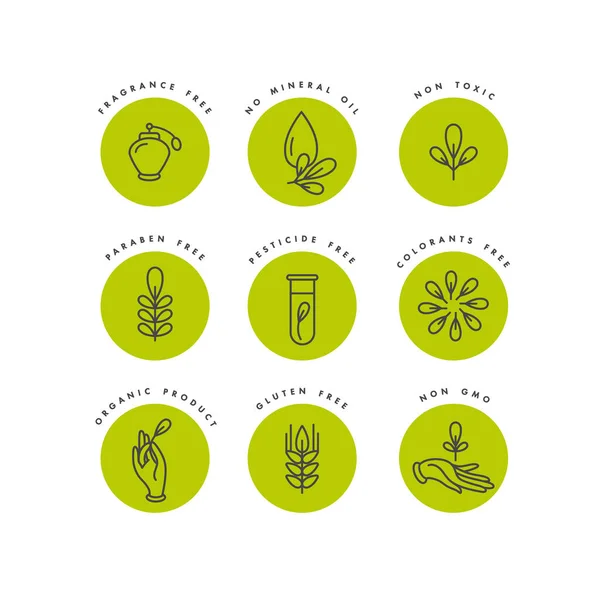 Conjunto vectorial de logotipos, insignias e iconos para productos naturales y orgánicos. Eco diseño de señal segura. Símbolo de colección de productos saludables . — Vector de stock