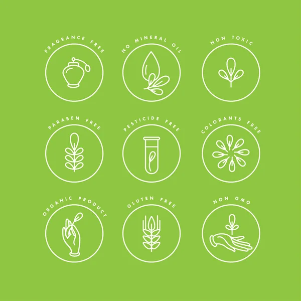 Conjunto vectorial de logotipos, insignias e iconos para productos naturales y orgánicos. Eco diseño de señal segura. Símbolo de colección de productos saludables . — Vector de stock