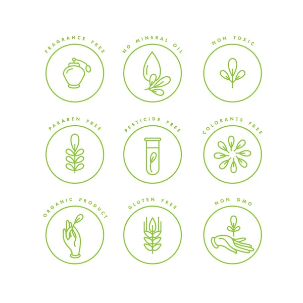 Vector set of logos, badges and icons for natural and organic products. Eco safe sign design. Collection symbol of healthy products. — Stock Vector