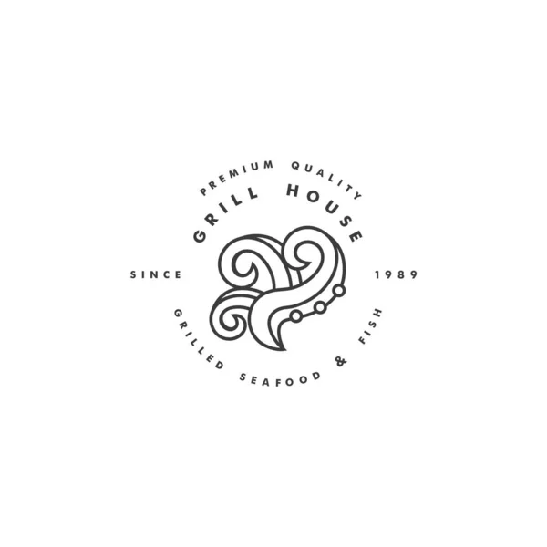 Logo vectoriel linéaire pour maison grill safood sur fond blanc. Emblème ou insigne de pieuvre grillée . — Image vectorielle