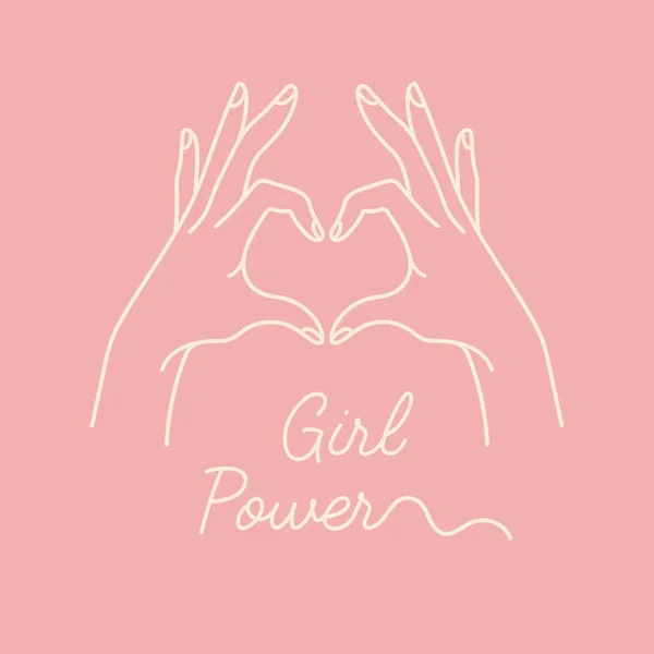 女性の手のベクトル線形イラストは心臓のシルエットを示しています。ハート型。女の子の力と女性のモチベーションのスローガンのコンセプトイラスト. — ストックベクタ