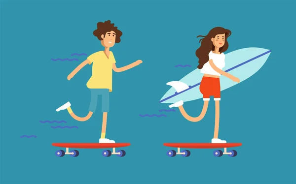 Векторна ілюстрація пари хлопчиків і дівчат скейтбордистів, які катаються на скейтбордах і тримають дошку для серфінгу . — стоковий вектор