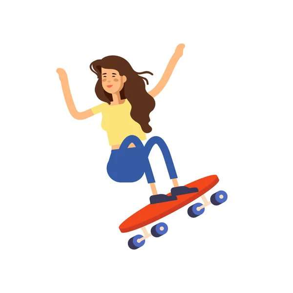 Illustrazione vettoriale di una ragazza skateboarder cavalcando uno skateboard. Cittadinanza femminile urbana . — Vettoriale Stock