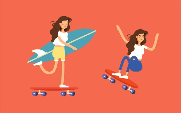 Surf plakat z Skater boy, jazda na deskorolce, niosąc deska surfingowa. — Wektor stockowy