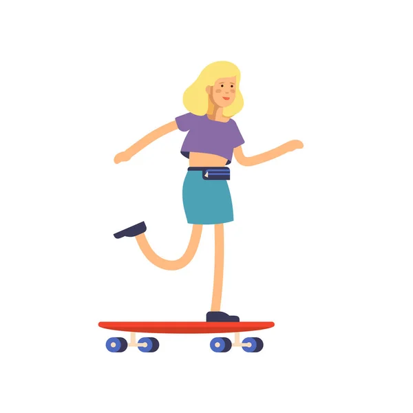 Ilustración vectorial de una chica patinadora montando un monopatín. Carácter ciudadano femenino urbano . — Vector de stock