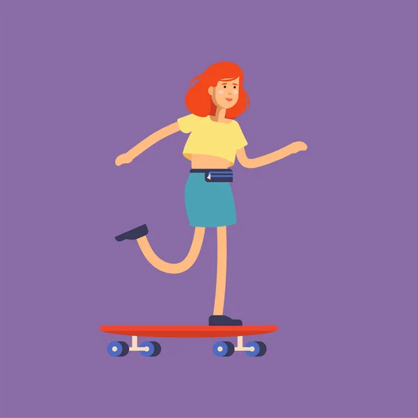 Illustrazione vettoriale di una ragazza skateboarder cavalcando uno skateboard. Cittadinanza femminile urbana . — Vettoriale Stock