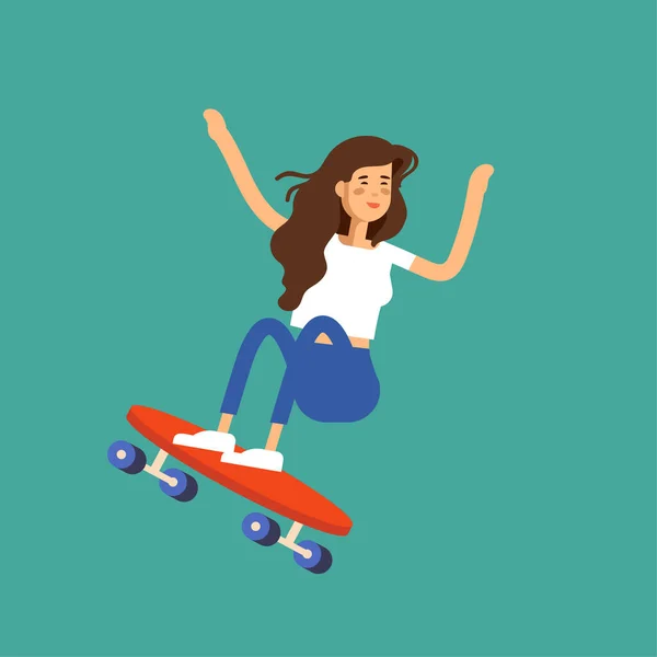 Vector illustratie van een meisje skateboarder op een skateboard. Stedelijk vrouwelijk burgerkarakter. — Stockvector